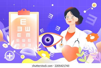 International Day of Sight, doctor measures vision with eye chart and doctor in background, vector illustration