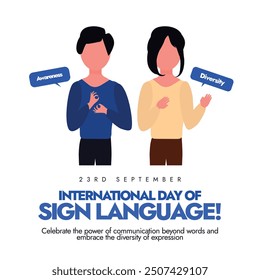 International Day of Sign Language. 23rd September Sign Language day banner with a young boy and girl characters with sign language. The day raise awareness of sign language for rights of deaf people.