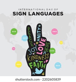 International day of sign language awareness. Modern social media sign language post. world sign language day. Vector illustration. Sign languages celebration. Week of the deaf. Poster. Love. Hand.