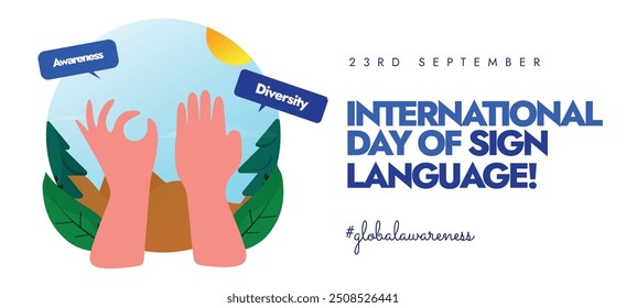 International Day of Sign Language background, cover banner, post. 23 September Sign Language Day banner with hands. The day raise raising awareness about the crucial role sign languages play for deaf