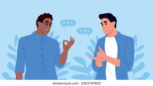 International Day of Sign Languages. A pair of deaf and mute people communicate using sign language. Hearing impaired men.