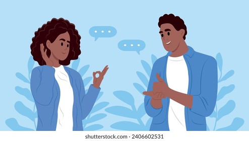 International day of sign languages. A pair of deaf and mute people using sign language to communicate. A man and a woman with hearing impairment.