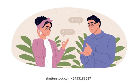 International day of sign languages. A pair of elderly deaf and mute people using sign language to communicate. A man and a woman with hearing impairment.