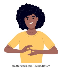 International day of sign languages. Person communicate in sign language. Deaf and mute African American woman on white background. An adult learns sign language for the deaf disabled.