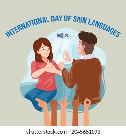 International day of Sign Languages vector. Illustration of sign language day September 23. Girl and Boy talking with sign language.