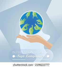 International day of sign languages vector illustration poster and banner design hand different hand signs in blue circle earth concept and abstract background with typography