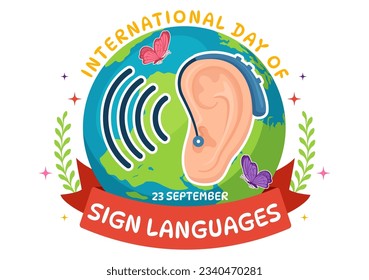 Ilustración vectorial del Día Internacional de los Lenguajes de Señas con gente muestra gestos manuales y discapacidad auditiva en plantillas dibujadas a mano de dibujos planos