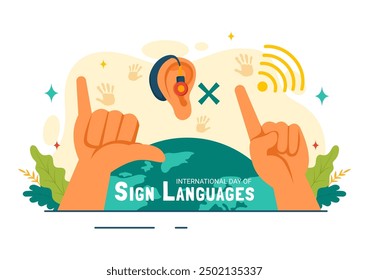 International Day of Sign Languages Vector Illustration Featuring People Demonstrating Hand Gestures and Hearing Disability in a Flat Background