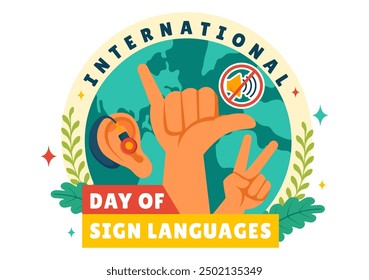 International Day of Sign Languages Vector Illustration Featuring People Demonstrating Hand Gestures and Hearing Disability in a Flat Background