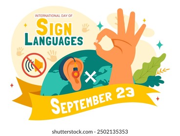 International Day of Sign Languages Vector Illustration Featuring People Demonstrating Hand Gestures and Hearing Disability in a Flat Background