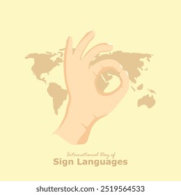 International Day of Sign Languages vector, illustration. 23 September. Hand and world map in background.