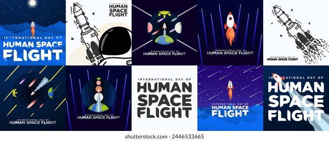 International Day of Space Human Flight Poster Card Set, celebrated on April 12. Yuri's night. Cartoon illustration style, doodle, origami. Rocket flying into space. Vector Illustration. 