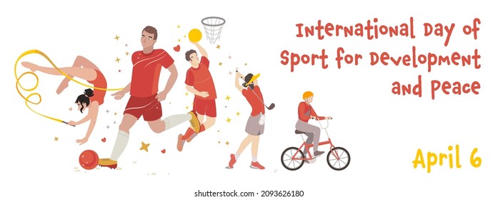 International Day of Sport for Development and Peace. Football, basketball player. We will play again. Summer Banner background. Physical activity, healthy wellbeing concept. Vector illustration.