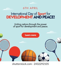 International day of sport for development and peace. 6th April, international sports day celebration banner with sports equipment on cyan background. Icons of Rackets, football, basketball. 
