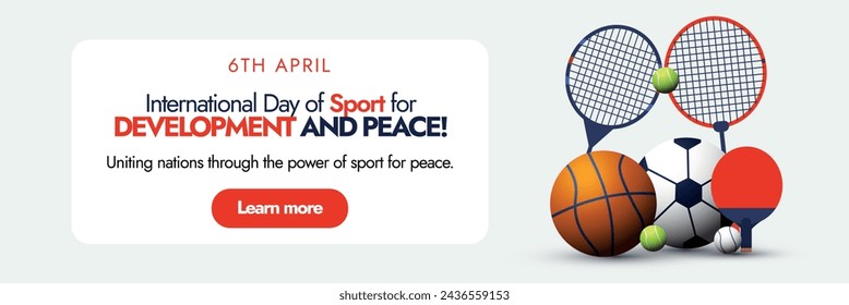 International day of Sport for development and peace, 6th April celebration cover banner on grey background with different sports equipment. Sports day banner with rackets, football, tennis ball icons