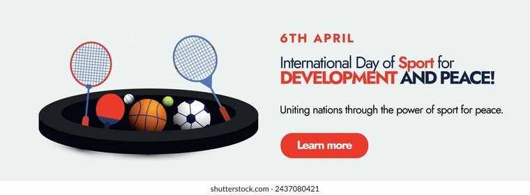 International day of Sport for development and peace, 6th April celebration cover banner on gray background with different sports equipment. Sports day banner with rackets, football, tennis ball icons