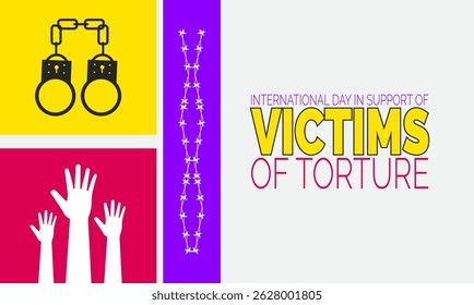Dia Internacional de Apoio às Vítimas da Tortura, 26 de junho. Pôster de Direitos Humanos, Banner da Justiça, Post em Mídias Sociais, Cartões de Campanha e Antecedentes de Conscientização sobre Direitos Humanos. Ilustração de vetor