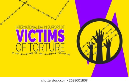 Dia Internacional de Apoio às Vítimas da Tortura, 26 de junho. Pôster de Direitos Humanos, Banner da Justiça, Post em Mídias Sociais, Cartões de Campanha e Antecedentes de Conscientização sobre Direitos Humanos. Ilustração de vetor