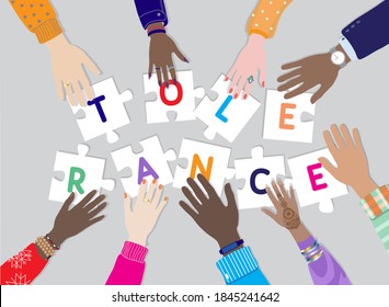 International Day For Tolerance 16 November Vector Banner. Diverse Hands Male, Female Together Holding Puzzle Pieces With Letters TOLERANCE. Top View Table, Multicultural,  Multiracial People Palms 