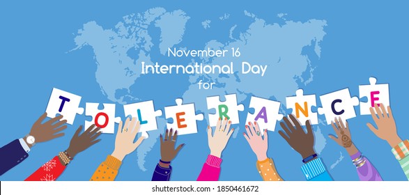 International Day For Tolerance 16 November Vector Banner. Diverse Hands Male, Female Together Holding Puzzle Pieces With Letters TOLERANCE. Top View At World Map, Multicultural,  Multiracial People