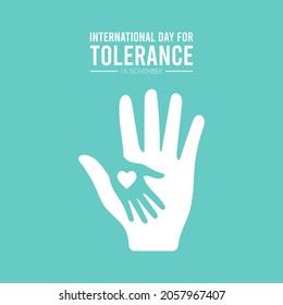 International Day for Tolerance. 16 November. Caring hand and love icon. Flat design vector illustration isolated on green background.