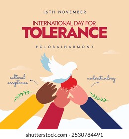 Dia Internacional da Tolerância. Banner da celebração do Dia da Tolerância, 16 de novembro, postar com as mãos de diferentes pessoas juntas. O dia gera a consciência pública dos perigos da intolerância.