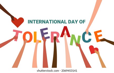 Concepto de Día Internacional de la tolerancia, con manos multiculturales de diferente color de piel, ilustración vectorial.