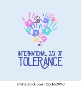 International Day of Tolerance. With the concept of a palm unite with all human beings in the form of a heart. November 16. Suitable for backgrounds, banners, social media, posters, t-shirts, etc