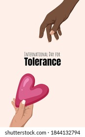 International Day for Tolerance, Elimination of Racial Discrimination. Multicultural partnership, pacifism, support, help, friendship. Stops racism illustration. Hands with different skin tones with heart