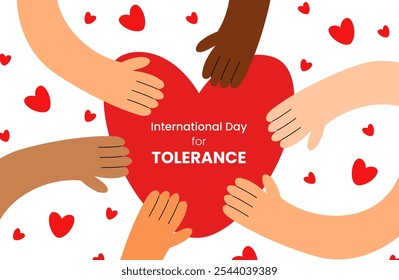 International Day for Tolerance. Heart and hands of different skin tones of multiethnic races. Multiracial people. Flat vector illustration