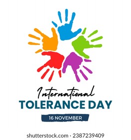 International Day of Tolerance holiday banner poster. November 16 with hand icon, black blue text. Flat design style banner. Royalty free vector illustration.