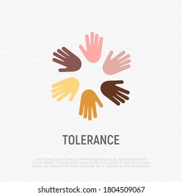 International day of tolerance. Multicultural partnership, pacifism, support and help to integration. Hands of different nationalities in circle. Flat icon. Vector illustration.