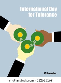 International Day For Tolerance. Toasting With Malt. People Of Different Races Drinking Alcohol. View From Top. Hand Holding A Bottle Of Beer. Vector Poster For Holiday. Clink Ale