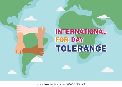 Día Internacional para el concepto de vector de tolerancia: Manos de personas tomándose de la mano con el texto del Día Internacional de la tolerancia