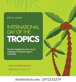 International day of the Tropics. 29th June International day of the tropics banner with palm trees. The day celebrates the extraordinary diversity of the tropics and challenges Tropical nations faces