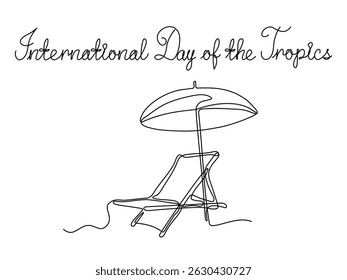 International Day of the Tropics. Abstract Sun lounger with sun umbrella, continuous single line art hand drawing sketch logo