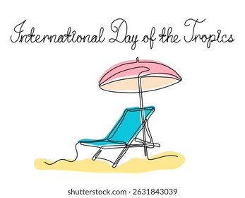 International Day of the Tropics. Abstract Sun lounger with sun umbrella, continuous single line art hand drawing sketch logo