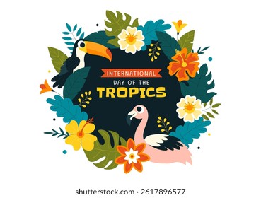 International Day of the Tropics Vector Illustration on June 29 Featuring Animals, Grass, and Flowering Plants to Preserve Tropical Nature