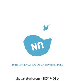 International Day of UN Peacekeepers, vector illustration, flat silhouette, blue, white, inverted helmet, dove of peace, olive branch, poster, banner, text, logo