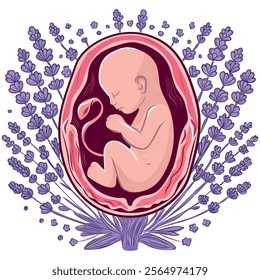 International Day of the Unborn Child, Children, Fetus, In the Womb, Lavender Flowers, Frame, Vector Illustration