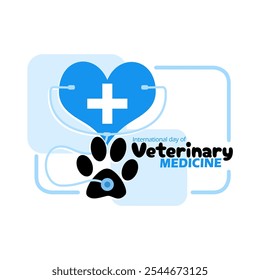 International Day of Veterinary Medicine to celebrate on December 9th. Paw icon with a heart and a health symbol. Animal event banner.