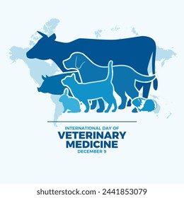 Día Internacional de la Medicina Veterinaria poster ilustración vectorial. Perro, gato, conejo, conejillo de indias, vaca, cerdo silueta icono vector. Plantilla para fondo, banner, tarjeta. 9 de diciembre de cada año