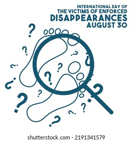 International day of the victims of enforced disappearances design with footprints line icon and question icon on white background. August 30. Poster or banner. Flat design vector illustration.