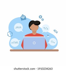 Día Internacional de los webmasters. El programador está sentado en la computadora. Ilustración vectorial sobre el tema del diseño, la programación, el freelance.