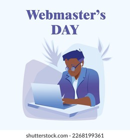 International day of webmasters. The programmer is sitting at the computer. Vector illustration on the topic of design, programming, and freelancing.