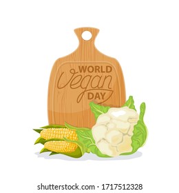 International day without meat. Go vegan banner vector isolated. Healthy vegetarian food. Fresh vegetables. A large swing of cabbage, two ears of corn.