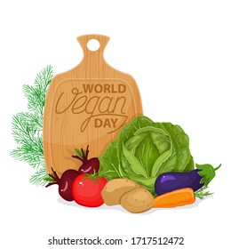 International day without meat. Go vegan banner vector isolated. Healthy vegetarian food. Fresh vegetables and a wooden board with the inscription.