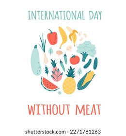 International day without meat. Vegetables and fruits. Healthy food. Vector illustration in flat style