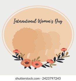 International women’s day woman frame with flowers silhouette card. Silhouette of woman set, side view, face and neck only. Female silhouette poster.
