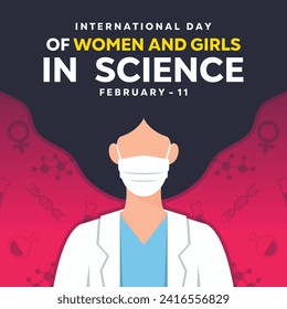 International day of Women and Girl in Science, featuring a female scientist. Vector illustration. Red and red dark gradient color